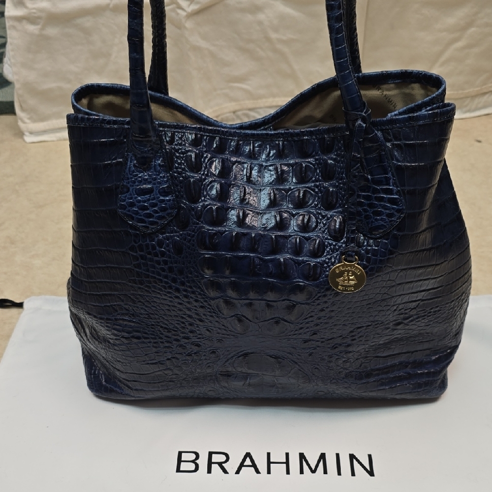 Brahmin Leather Navy Melbourne Croc-Embossed Tote
